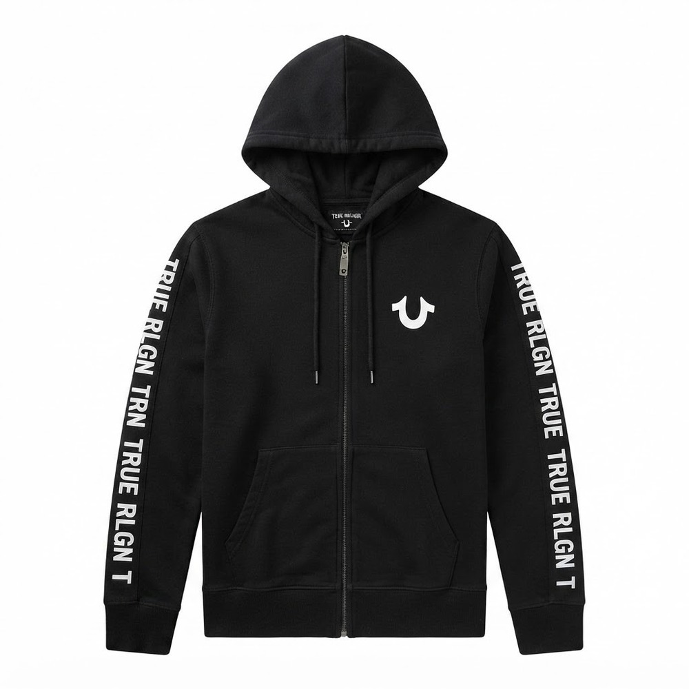 True Religion Side Taping Hoodie Women S Black Logo Zip Up Sweatshirt